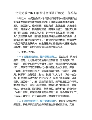 公司党委2024年推进全面从严治党工作总结