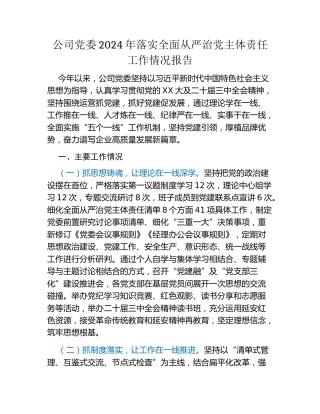 公司党委2024年落实全面从严治党主体责任工作情况报告