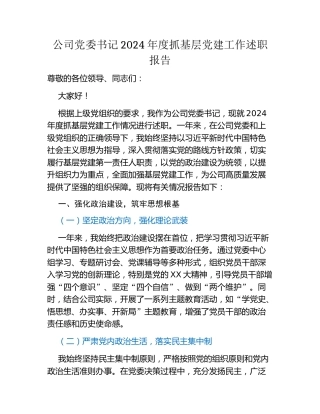 公司党委书记2024年度抓基层党建工作述职报告