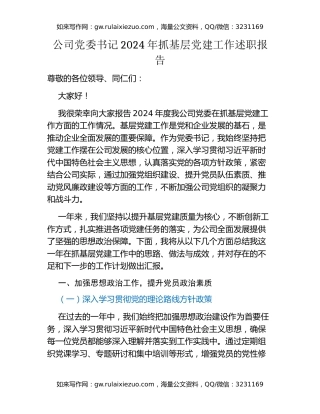 公司党委书记2024年抓基层党建工作述职报告