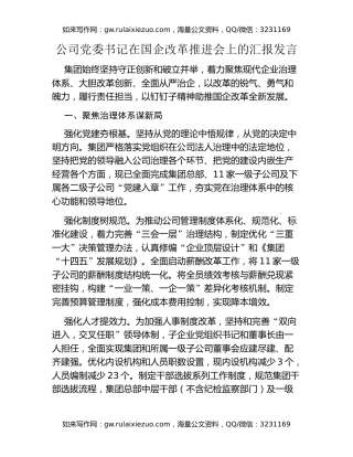 公司党委书记在国企改革推进会上的汇报发言