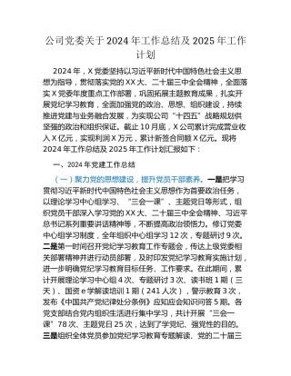公司党委关于2024年工作总结及2025年工作计划