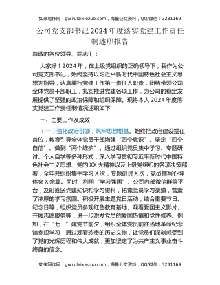公司党支部书记2024年度落实党建工作责任制述职报告