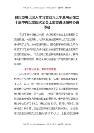 县纪委书记深入学习贯彻习近平总书记在二十届中央纪委四次全会上重要讲话精神心得体会