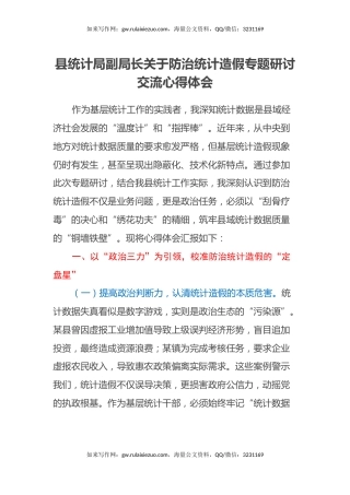 县统计局副局长关于防治统计造假专题研讨交流心得体会