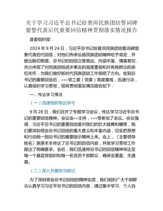 关于学习习近平总书记给普洱民族团结誓词碑盟誓代表后代重要回信精神贯彻落实情况报告