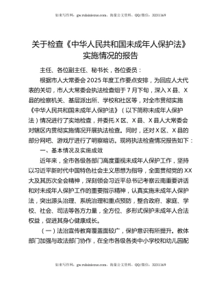 关于检查《中华人民共和国未成年人保护法》实施情况的报告
