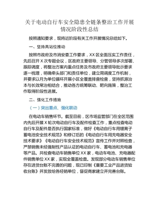 关于电动自行车安全隐患全链条整治 工作开展情况阶段性总结