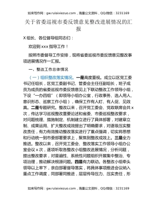 关于省委巡视市委反馈意见整改进展情况的汇报