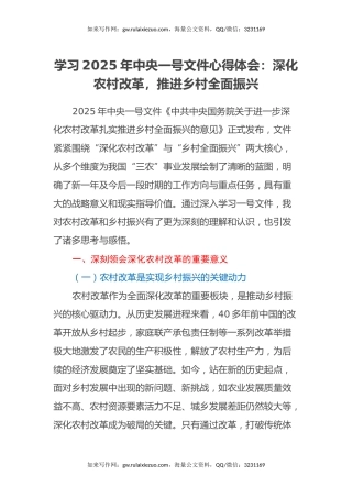 学习2025年中央一号文件心得体会：深化农村改革，推进乡村全面振兴