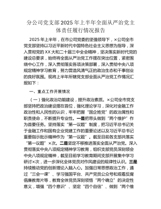 分公司党支部2025年上半年全面从严治党主体责任履行情况报告