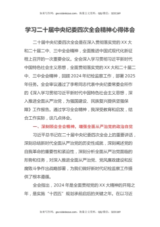 学习二十届中央纪委四次全会精神心得体会