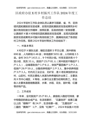区政府办驻X村乡村振兴工作队2024年度工作总结