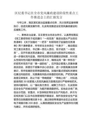 区纪委书记在全市党风廉政建设阶段性重点工作推进会上的汇报发言