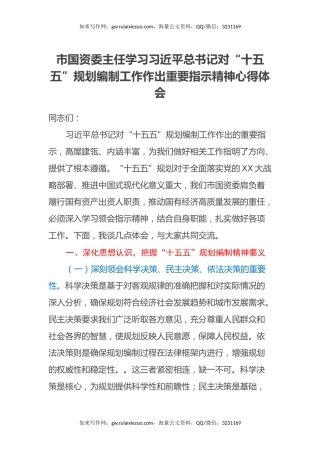 市国资委主任学习习近平总书记对“十五五”规划编制工作作出重要指示精神心得体会
