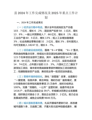 县2024年工作完成情况及2025年重点工作计划
