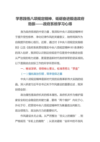 政府系统学习心得：学思践悟八项规定精神，砥砺奋进锻造政府劲旅