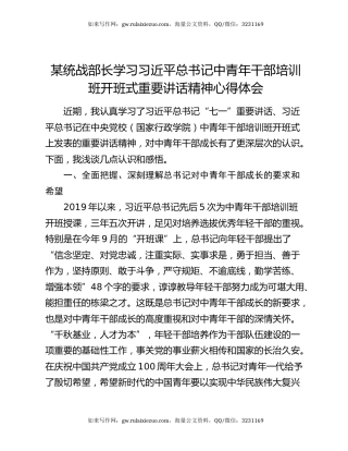 某统战部长学习习近平总书记中青年干部培训班开班式重要讲话精神心得体会