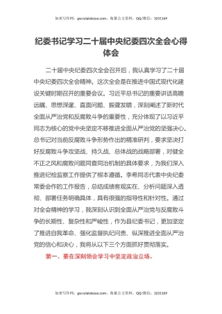 纪委书记学习二十届中央纪委四次全会心得体会