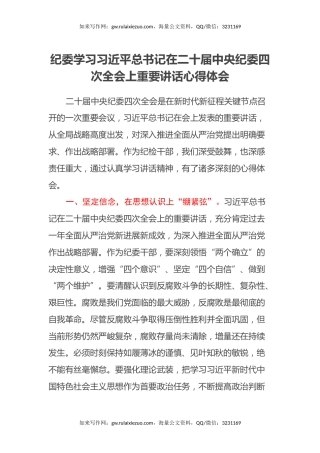 纪委学习习近平总书记在二十届中央纪委四次全会上重要讲话心得体会