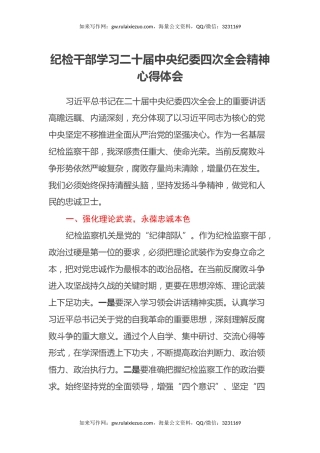 纪检干部学习二十届中央纪委四次全会精神心得体会