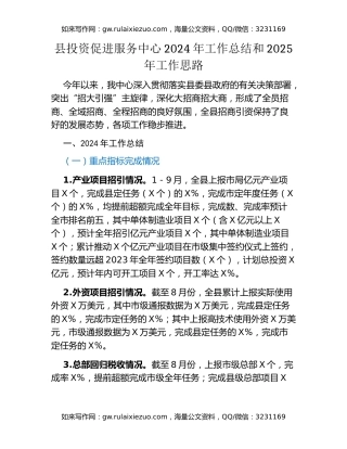 县投资促进服务中心2024年工作总结和2025年工作思路