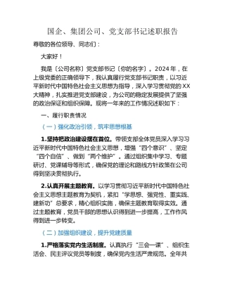 国企、集团公司、党支部书记述职报告