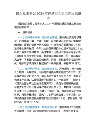 国企党委书记2024年抓基层党建工作述职报告