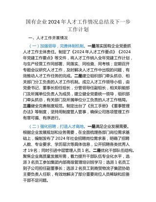 国有企业2024年人才工作情况总结及下一步工作计划