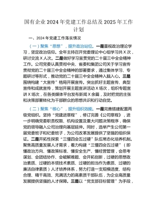 国有企业2024年党建工作总结及2025年工作计划