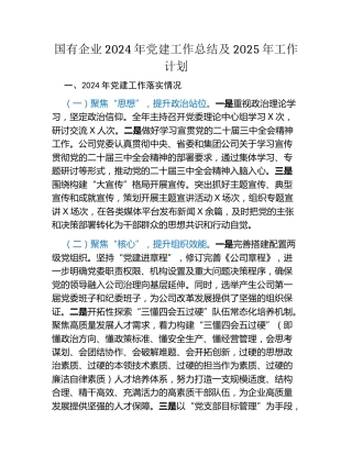 国有企业2024年党建工作总结及2025年工作计划（2）