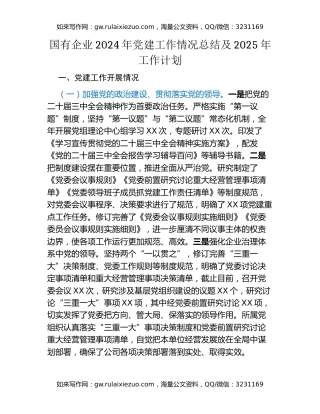 国有企业2024年党建工作情况总结及2025年工作计划
