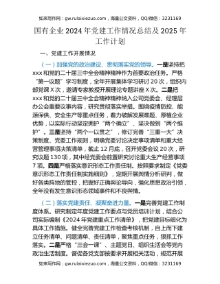 国有企业2024年党建工作情况总结及2025年工作计划 (2)