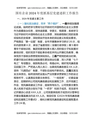 国有企业2024年度抓基层党建述职工作报告