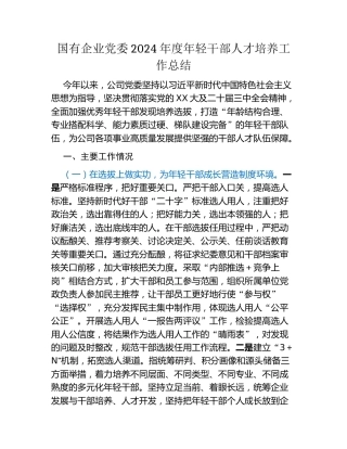 国有企业党委2024年度年轻干部人才培养工作总结