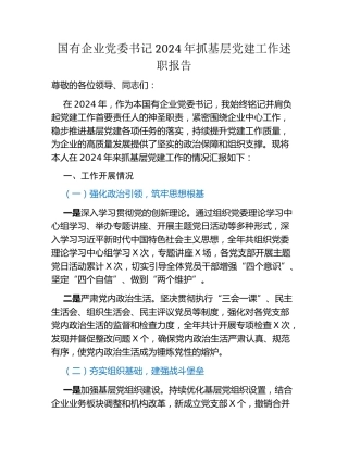 国有企业党委书记 2024 年抓基层党建工作述职报告
