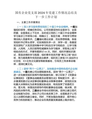 国有企业党支部2024年党建工作情况总结及下一步工作计划