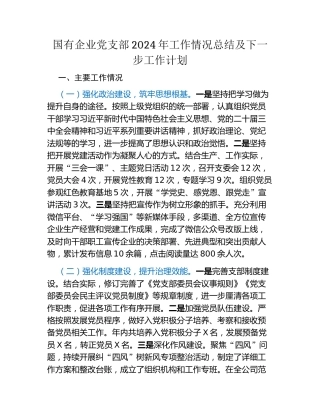 国有企业党支部2024年工作情况总结及下一步工作计划