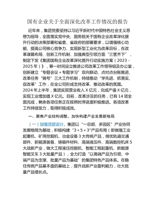 国有企业关于全面深化改革工作情况的报告