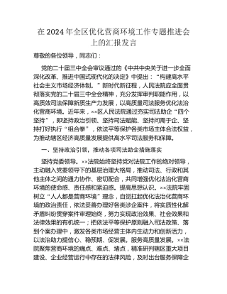 在2024年全区优化营商环境工作专题推进会上的汇报发言