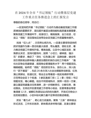 在2024年全市“书记领航”行动暨基层党建工作重点任务推进会上的汇报发言