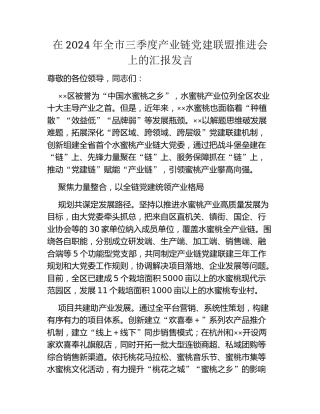 在2024年全市三季度产业链党建联盟推进会上的汇报发言