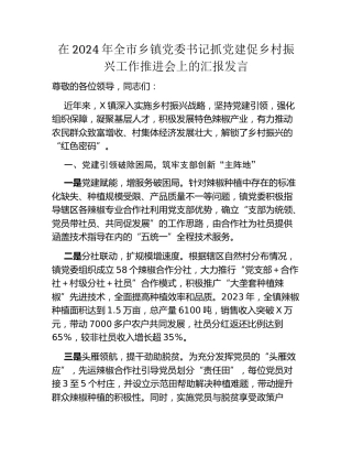 在2024年全市乡镇党委书记抓党建促乡村振兴工作推进会上的汇报发言