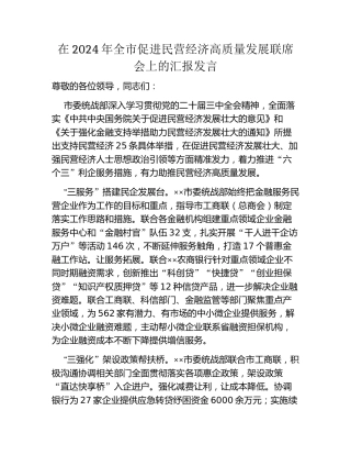 在2024年全市促进民营经济高质量发展联席会上的汇报发言