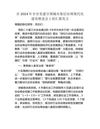 在2024年全市党建引领城市基层治理现代化建设推进会上的汇报发言