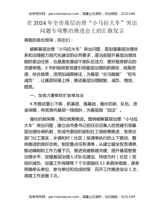 在2024年全市基层治理“小马拉大车”突出问题专项整治推进会上的汇报发言