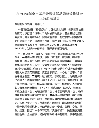 在2024年全市基层矛盾调解品牌建设推进会上的汇报发言