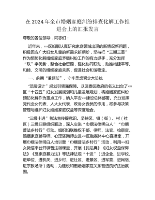 在2024年全市婚姻家庭纠纷排查化解工作推进会上的汇报发言