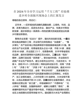 在2024年全市学习运用“千万工程”经验推进乡村全面振兴现场会上的汇报发言
