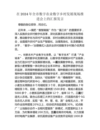 在2024年全市数字农业数字乡村发展现场推进会上的汇报发言